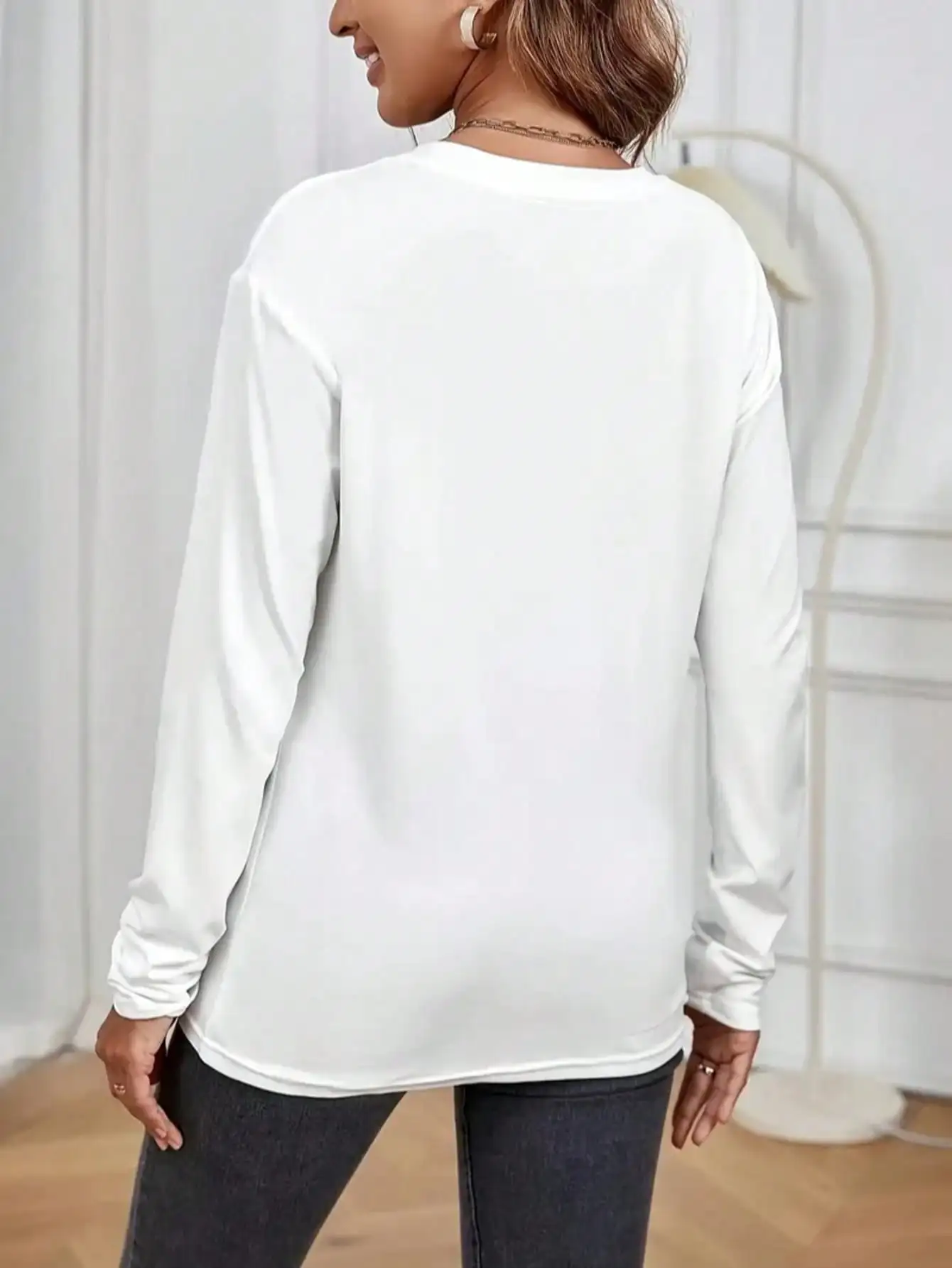 2026 Women's Spring and Summer Casual Slogan Dog Print Round Neck Solid Color Long Sleeved Pullover T-Shirt
