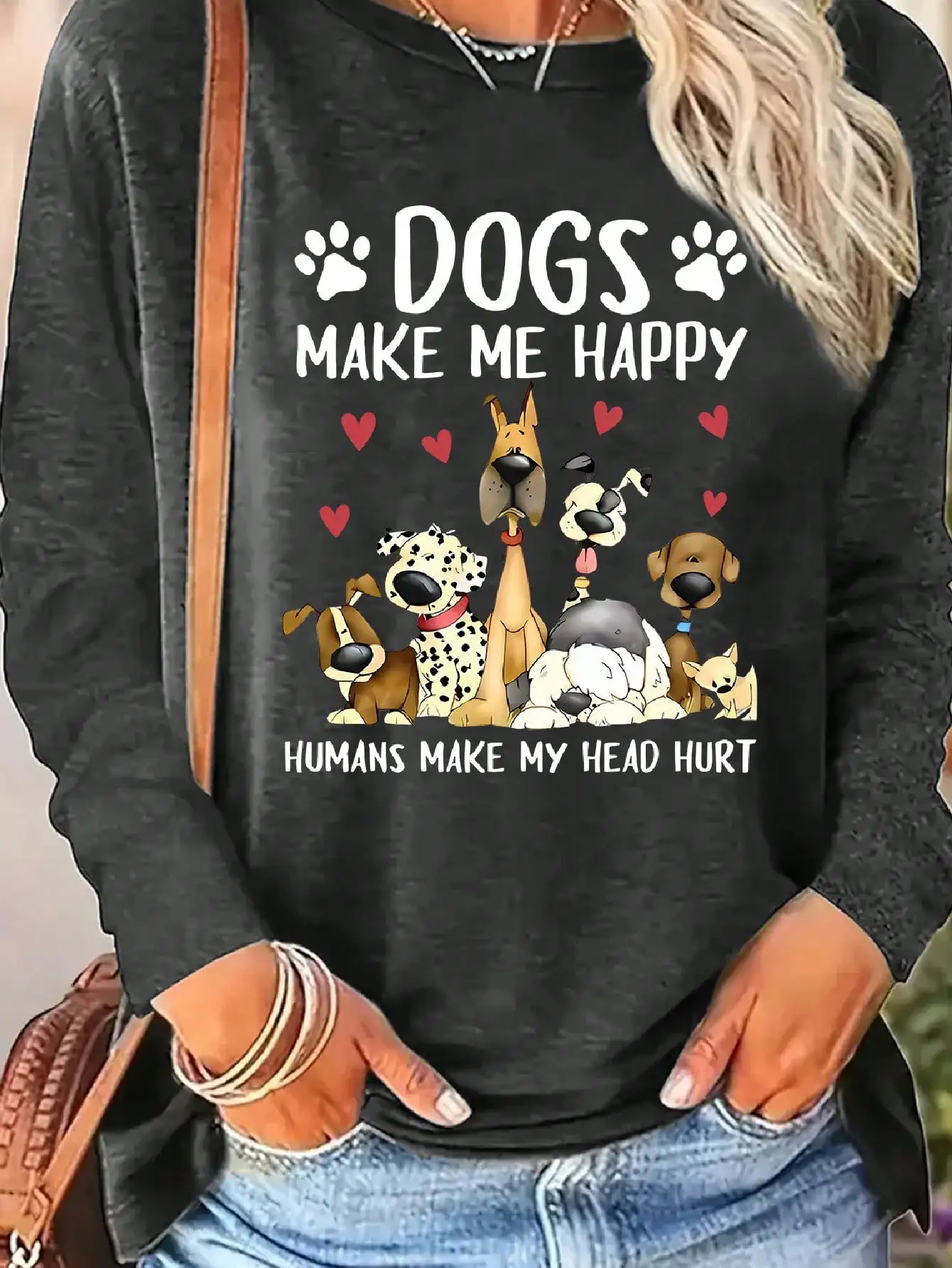 2026 Women's Spring and Summer Casual Slogan Dog Print Round Neck Solid Color Long Sleeved Pullover T-Shirt
