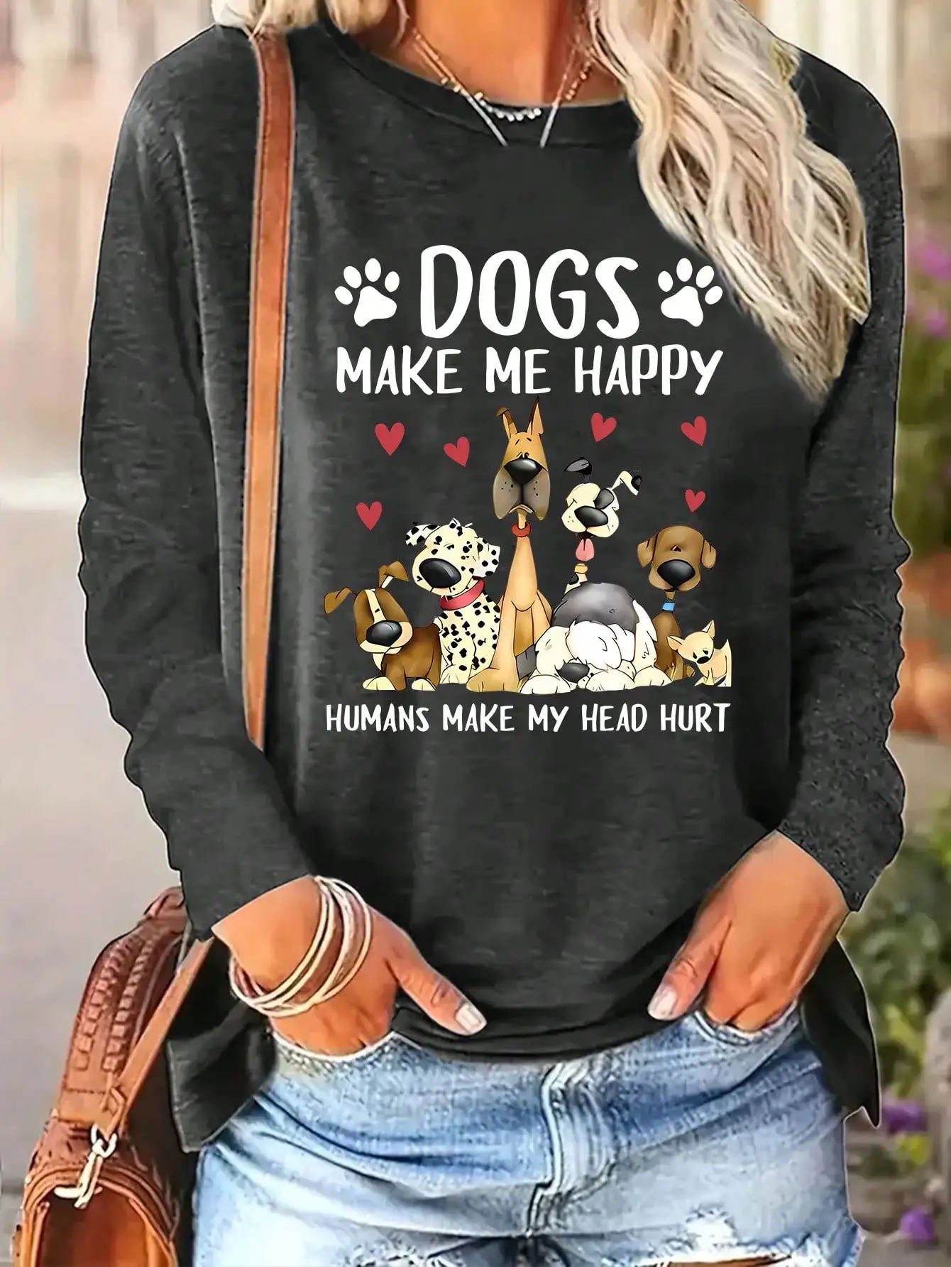 2026 Women's Spring and Summer Casual Slogan Dog Print Round Neck Solid Color Long Sleeved Pullover T-Shirt