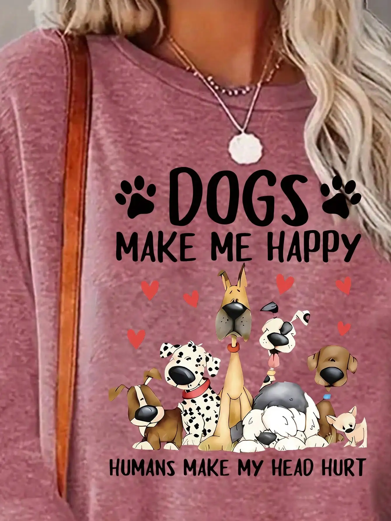 2026 Women's Spring and Summer Casual Slogan Dog Print Round Neck Solid Color Long Sleeved Pullover T-Shirt