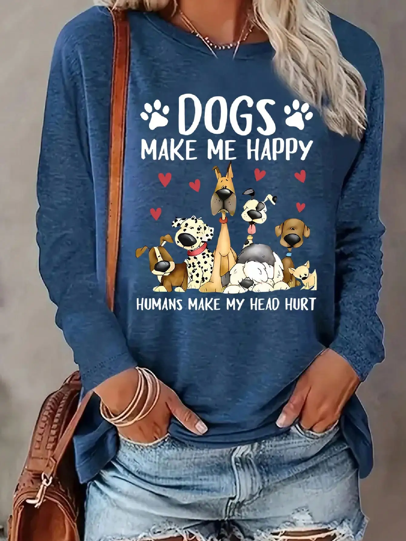 2026 Women's Spring and Summer Casual Slogan Dog Print Round Neck Solid Color Long Sleeved Pullover T-Shirt