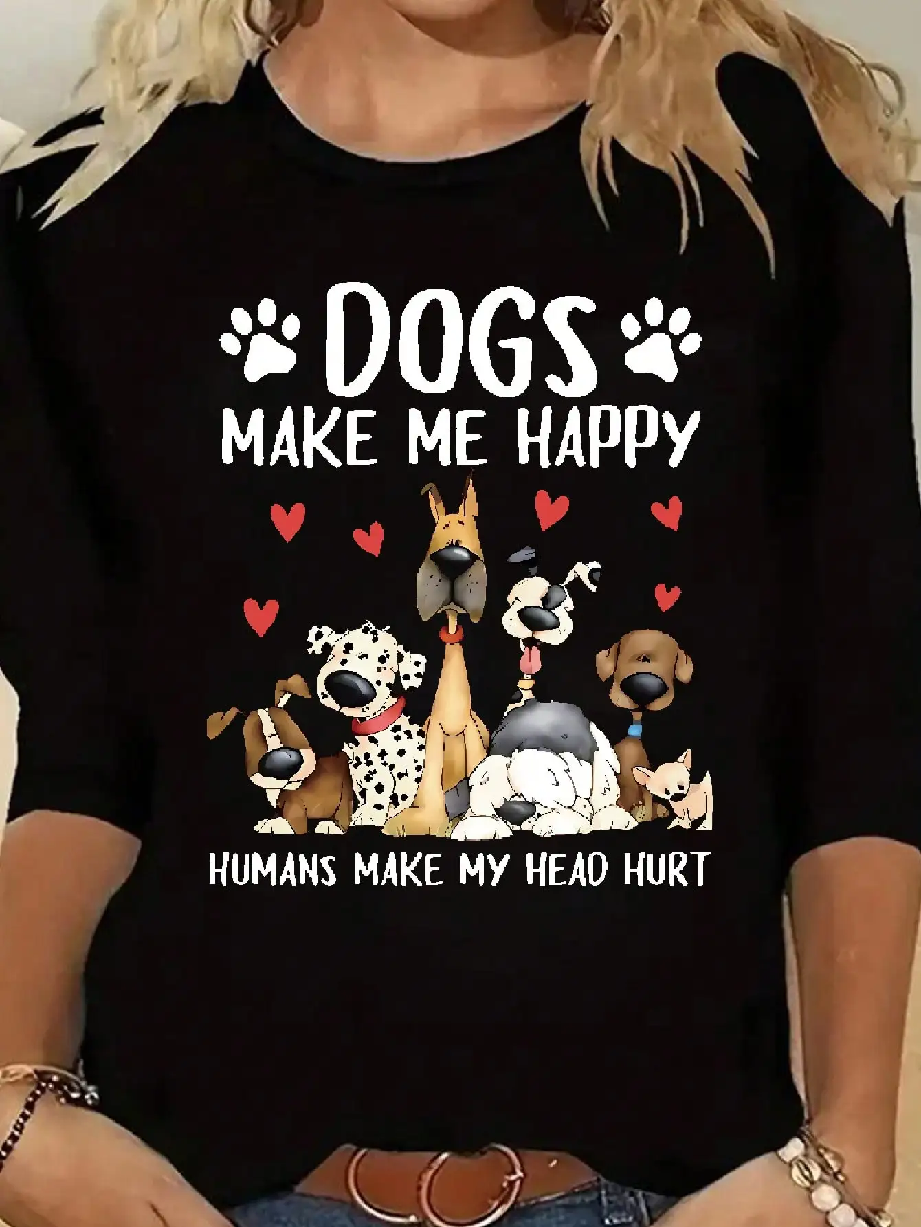2026 Women's Spring and Summer Casual Slogan Dog Print Round Neck Solid Color Long Sleeved Pullover T-Shirt