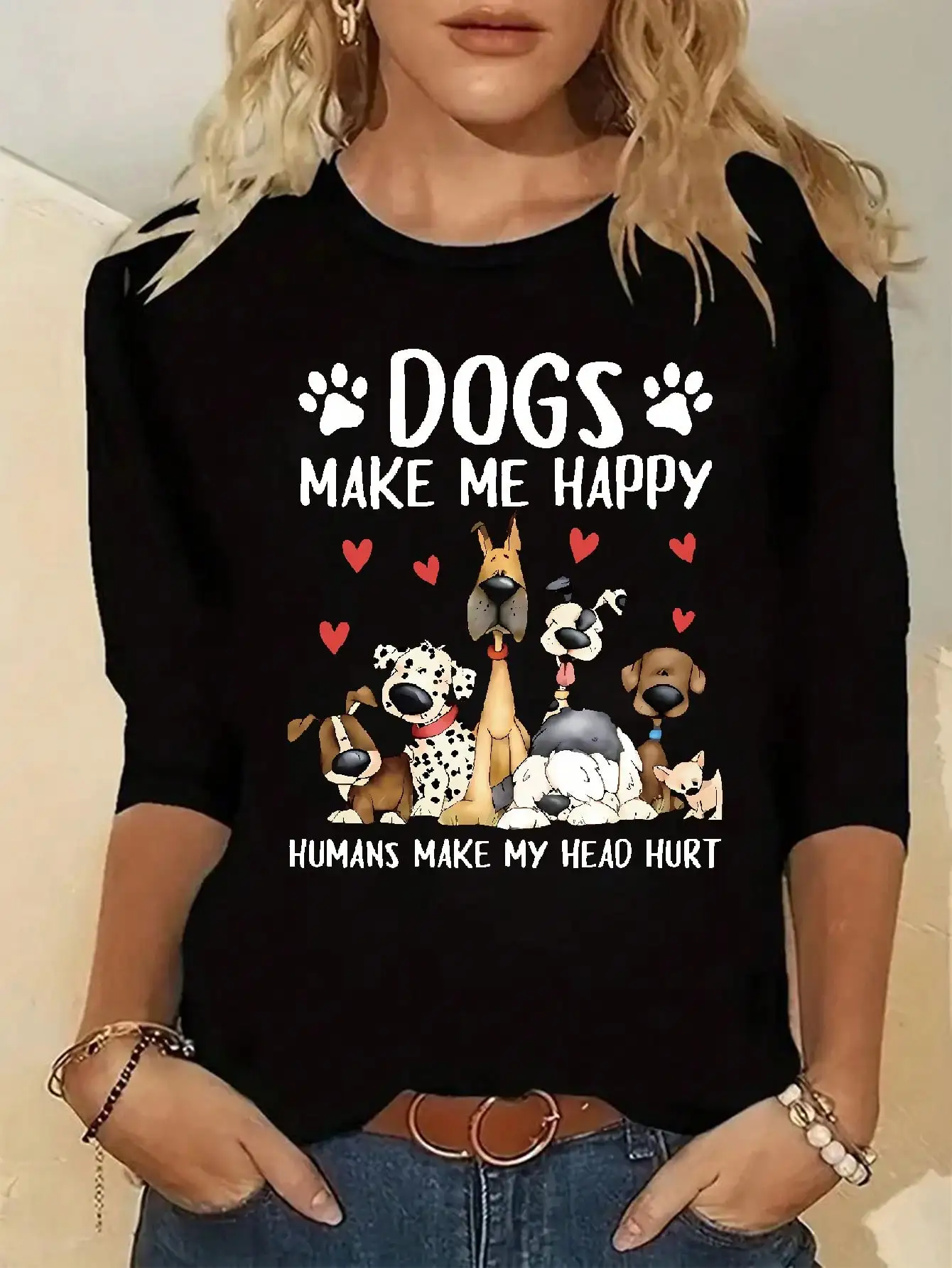 2026 Women's Spring and Summer Casual Slogan Dog Print Round Neck Solid Color Long Sleeved Pullover T-Shirt