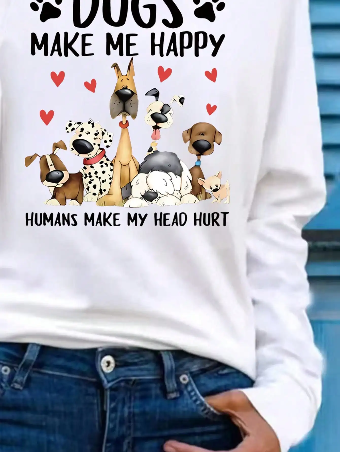 2026 Women's Spring and Summer Casual Slogan Dog Print Round Neck Solid Color Long Sleeved Pullover T-Shirt