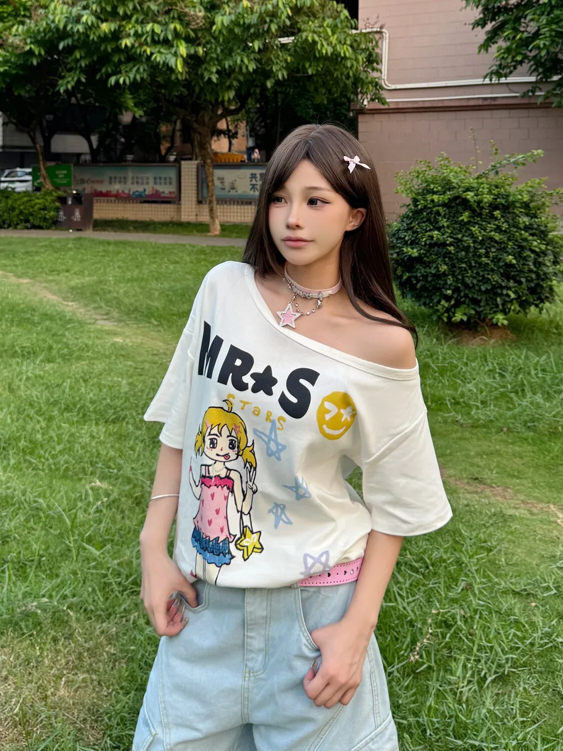 Seeslim Hotsweet Graphic T Shirts Cartoon Short Sleeve Summer Tops Off Shoulder Print T-shirt Women 2000s Clothes Y2k Tees Chic