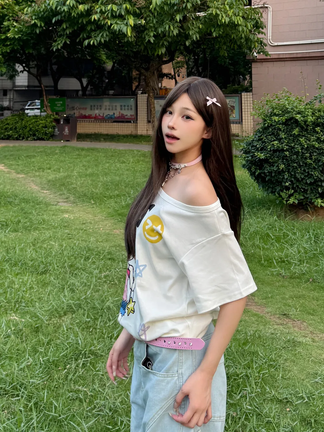 Seeslim Hotsweet Graphic T Shirts Cartoon Short Sleeve Summer Tops Off Shoulder Print T-shirt Women 2000s Clothes Y2k Tees Chic
