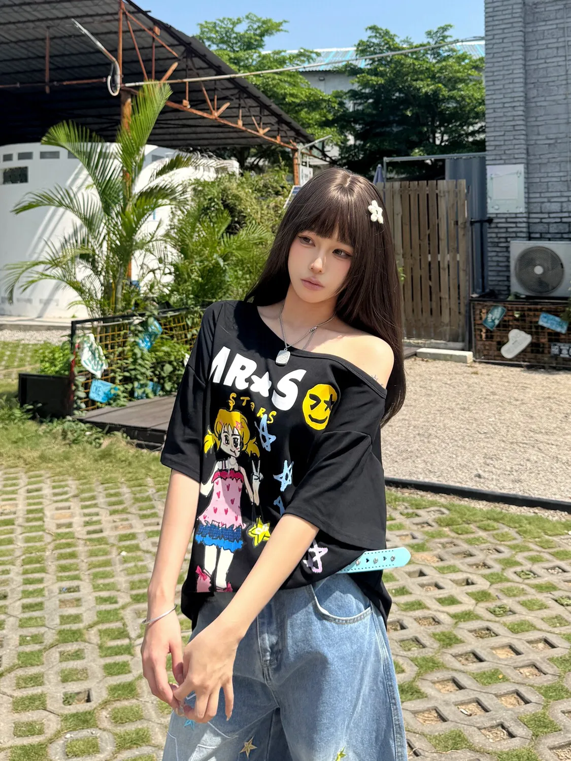 Seeslim Hotsweet Graphic T Shirts Cartoon Short Sleeve Summer Tops Off Shoulder Print T-shirt Women 2000s Clothes Y2k Tees Chic