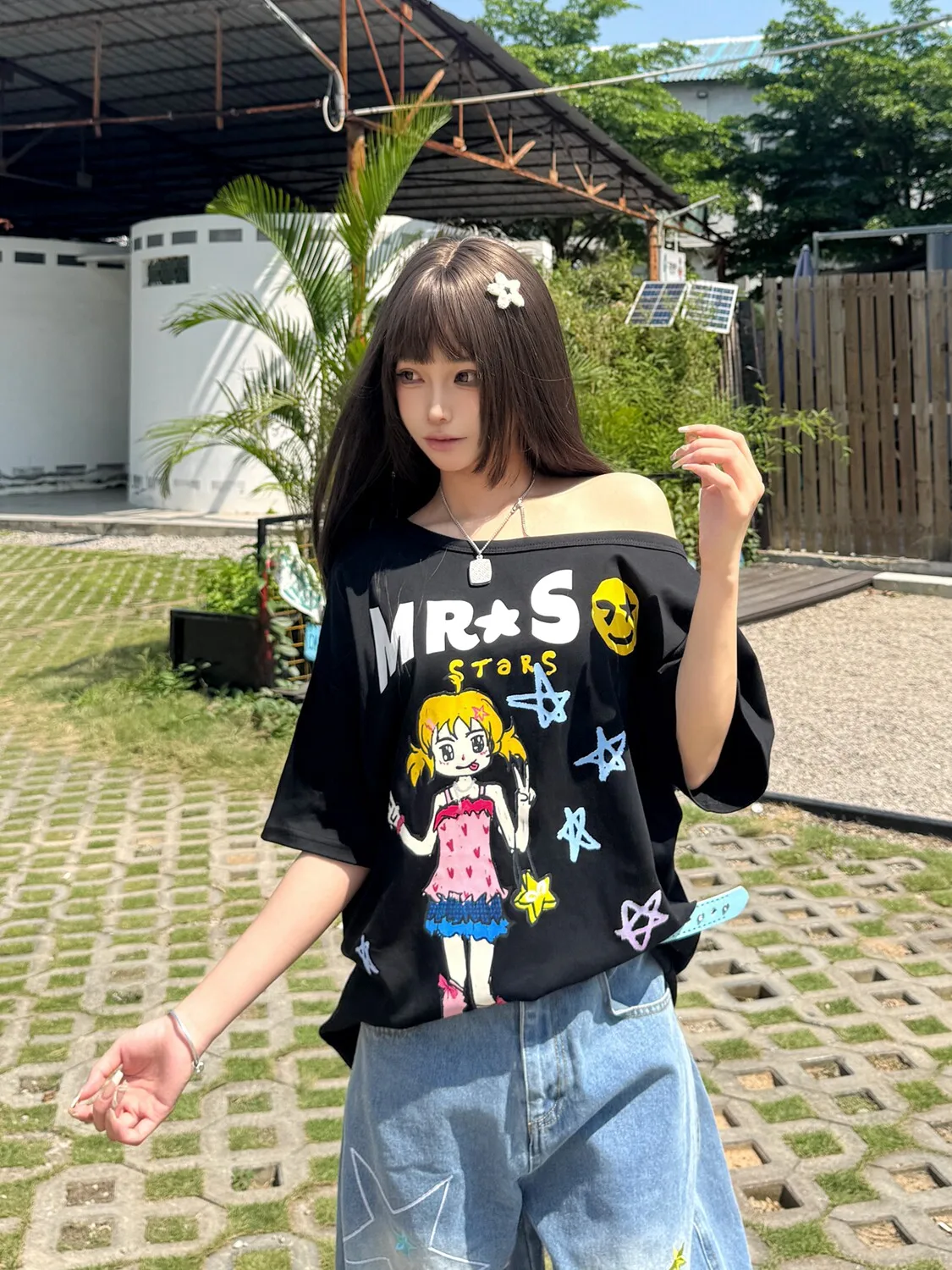 Seeslim Hotsweet Graphic T Shirts Cartoon Short Sleeve Summer Tops Off Shoulder Print T-shirt Women 2000s Clothes Y2k Tees Chic