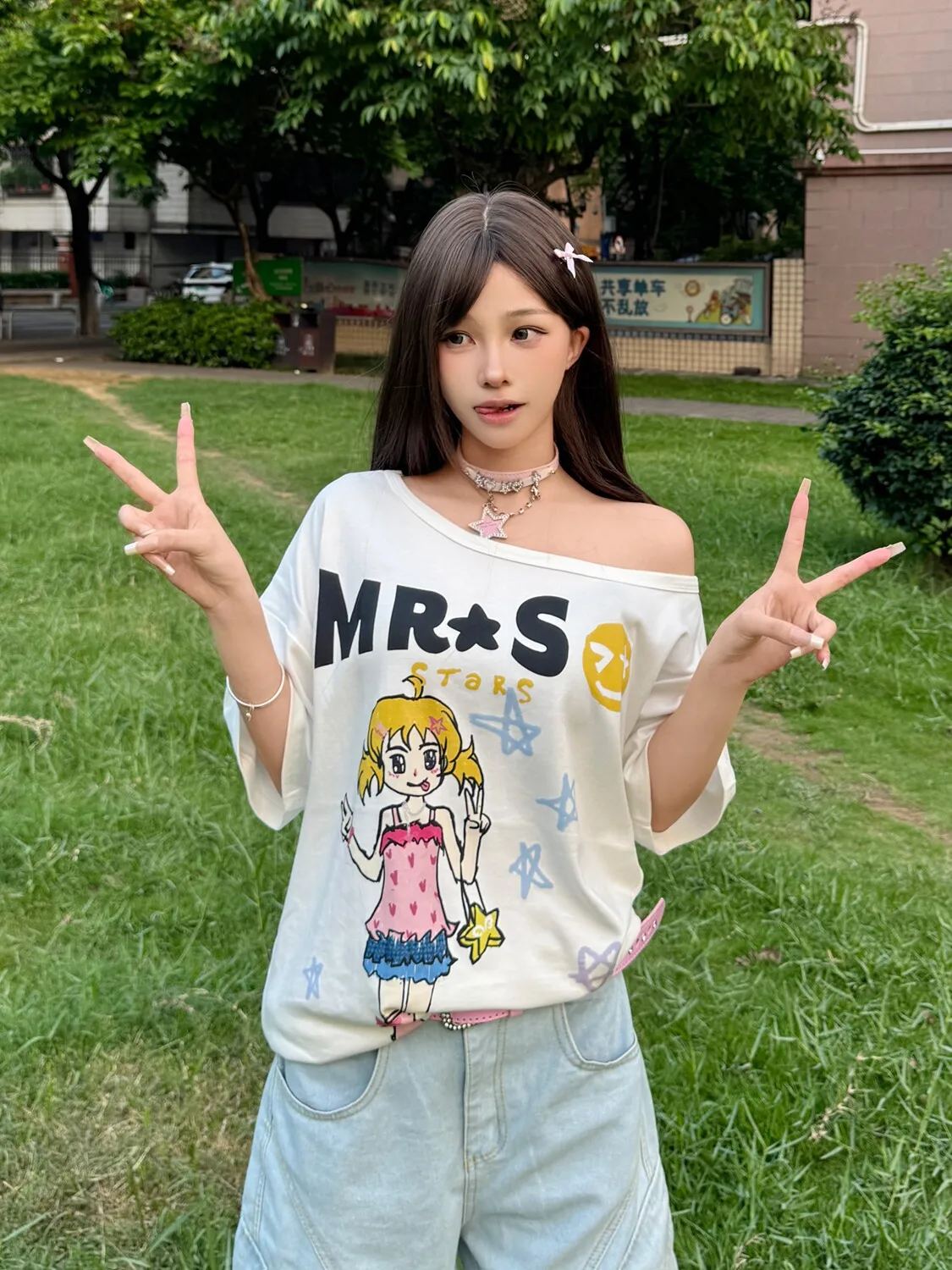 Seeslim Hotsweet Graphic T Shirts Cartoon Short Sleeve Summer Tops Off Shoulder Print T-shirt Women 2000s Clothes Y2k Tees Chic