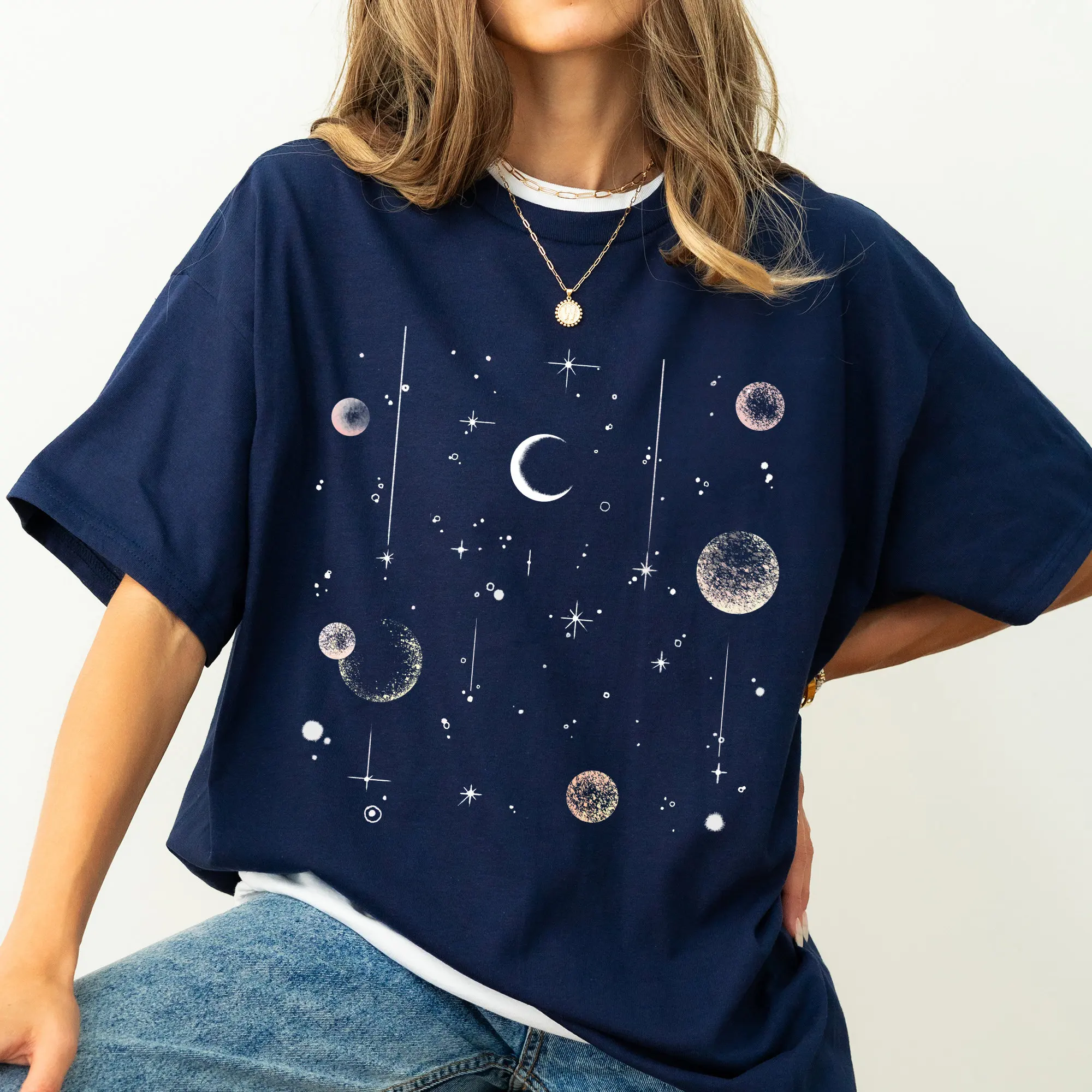 Women's Summer Celestial Moon T-shirt Unisex Cotton Streetwear Oversized Loose Casual Short Sleeve Suitable for All Seasons