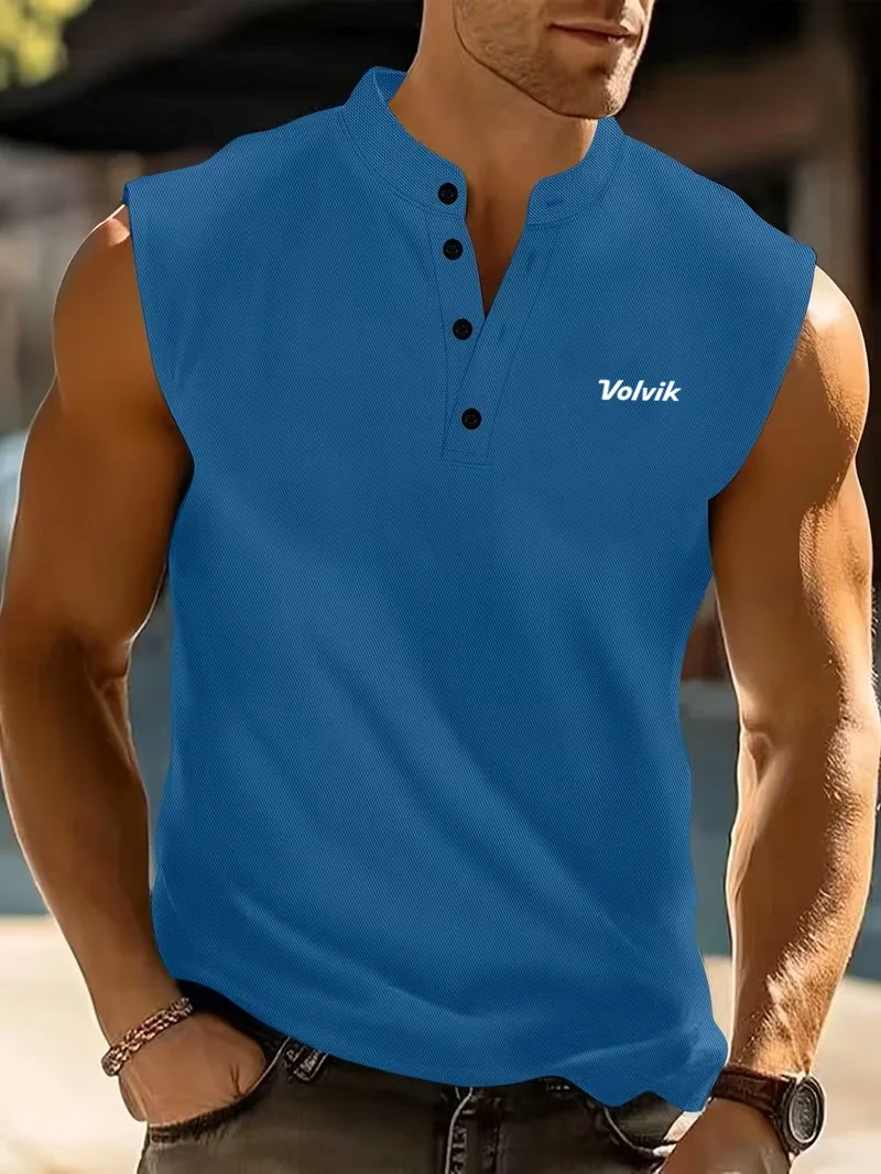 Men's Henry Collar Sleeveless T-Shirt Solid Color Sports Vest Shoulder Pad Enhanced Slim Fit Summer Breathable Casual Top
