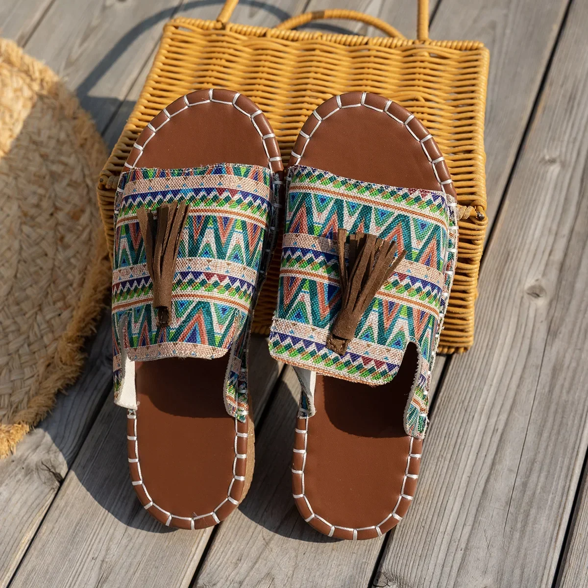 Bohemian Flat Bottom Slippers Women's Outdoor Summer New Tassel Beach Sandals Large Size Cross-Border Slippers for Adults