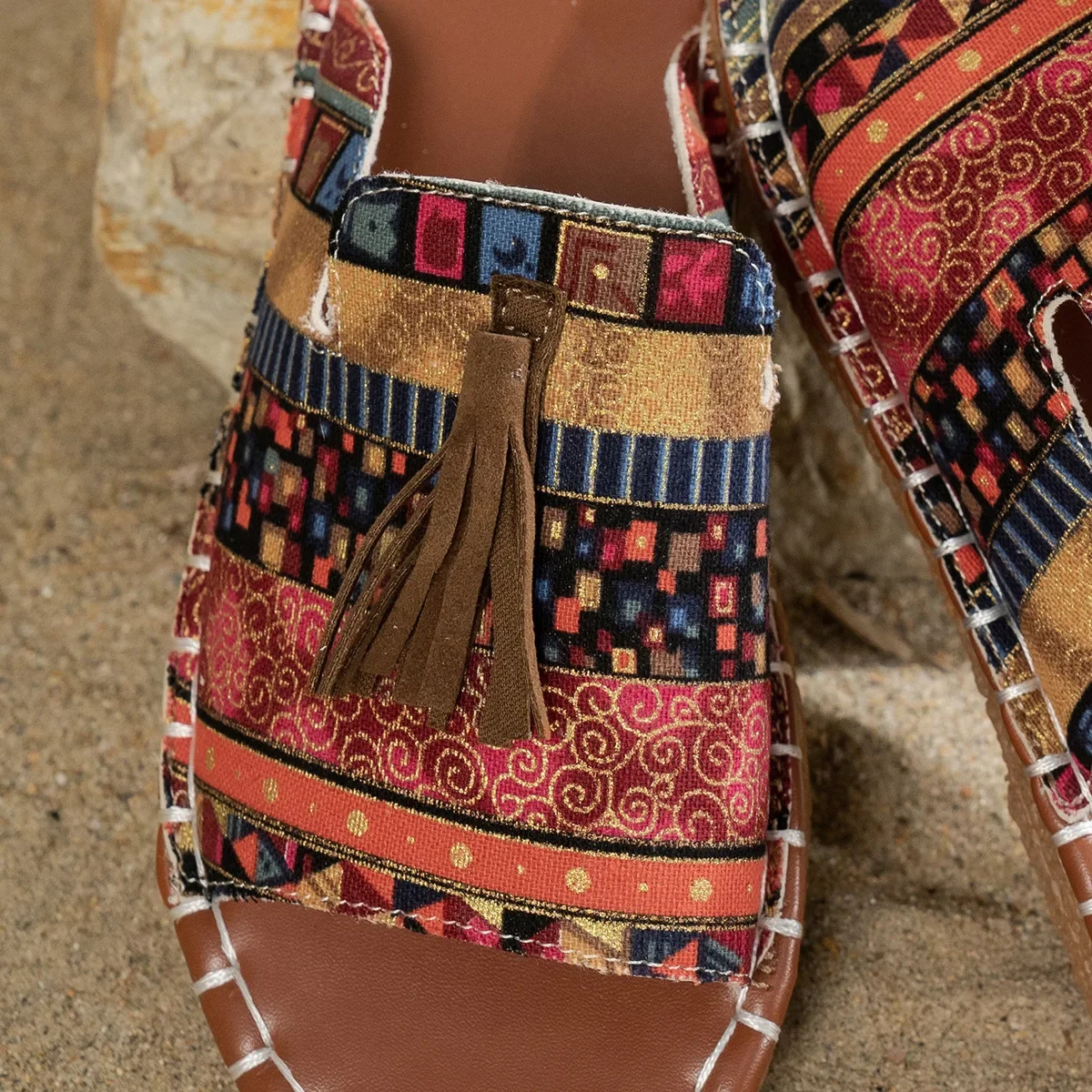 Bohemian Flat Bottom Slippers Women's Outdoor Summer New Tassel Beach Sandals Large Size Cross-Border Slippers for Adults