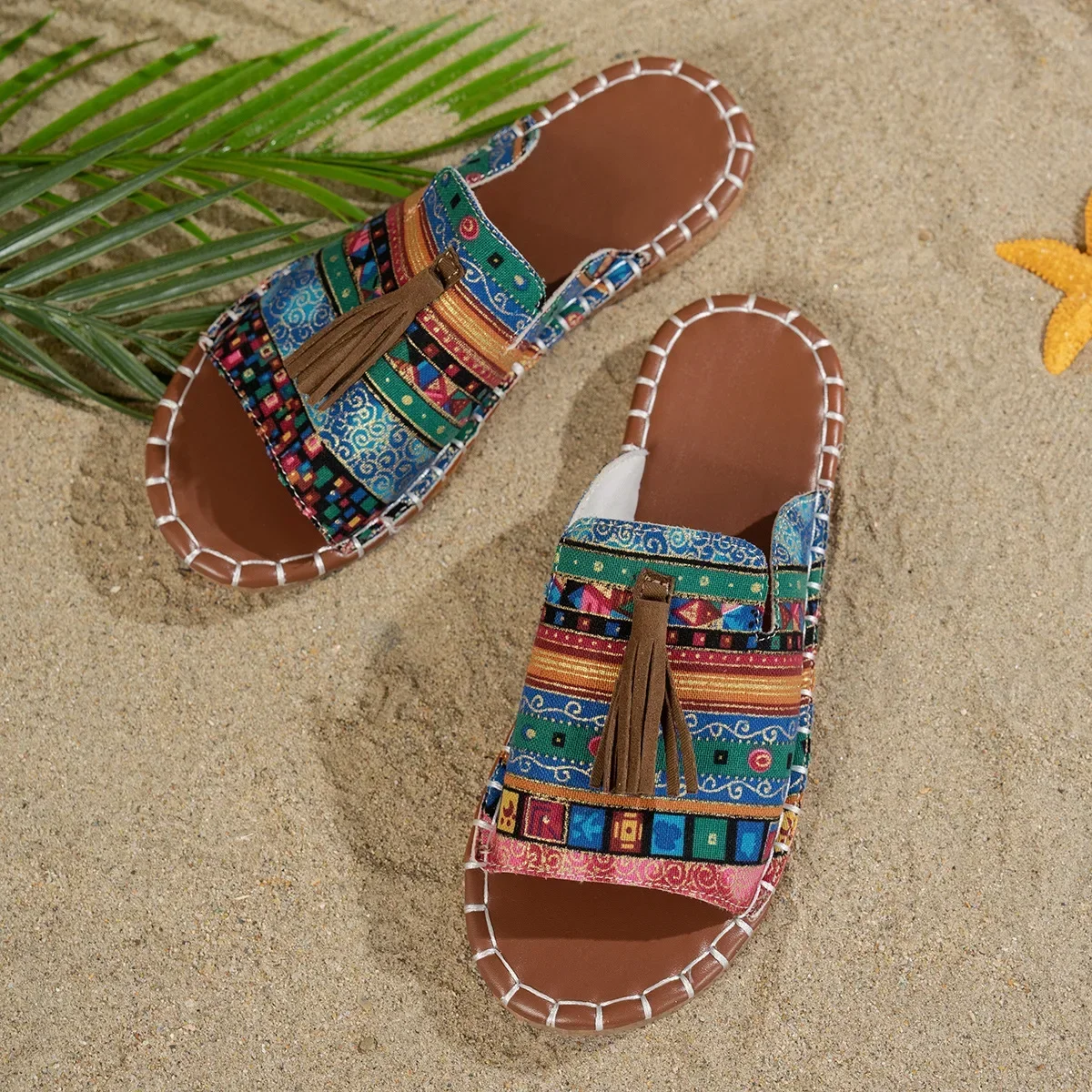 Bohemian Flat Bottom Slippers Women's Outdoor Summer New Tassel Beach Sandals Large Size Cross-Border Slippers for Adults