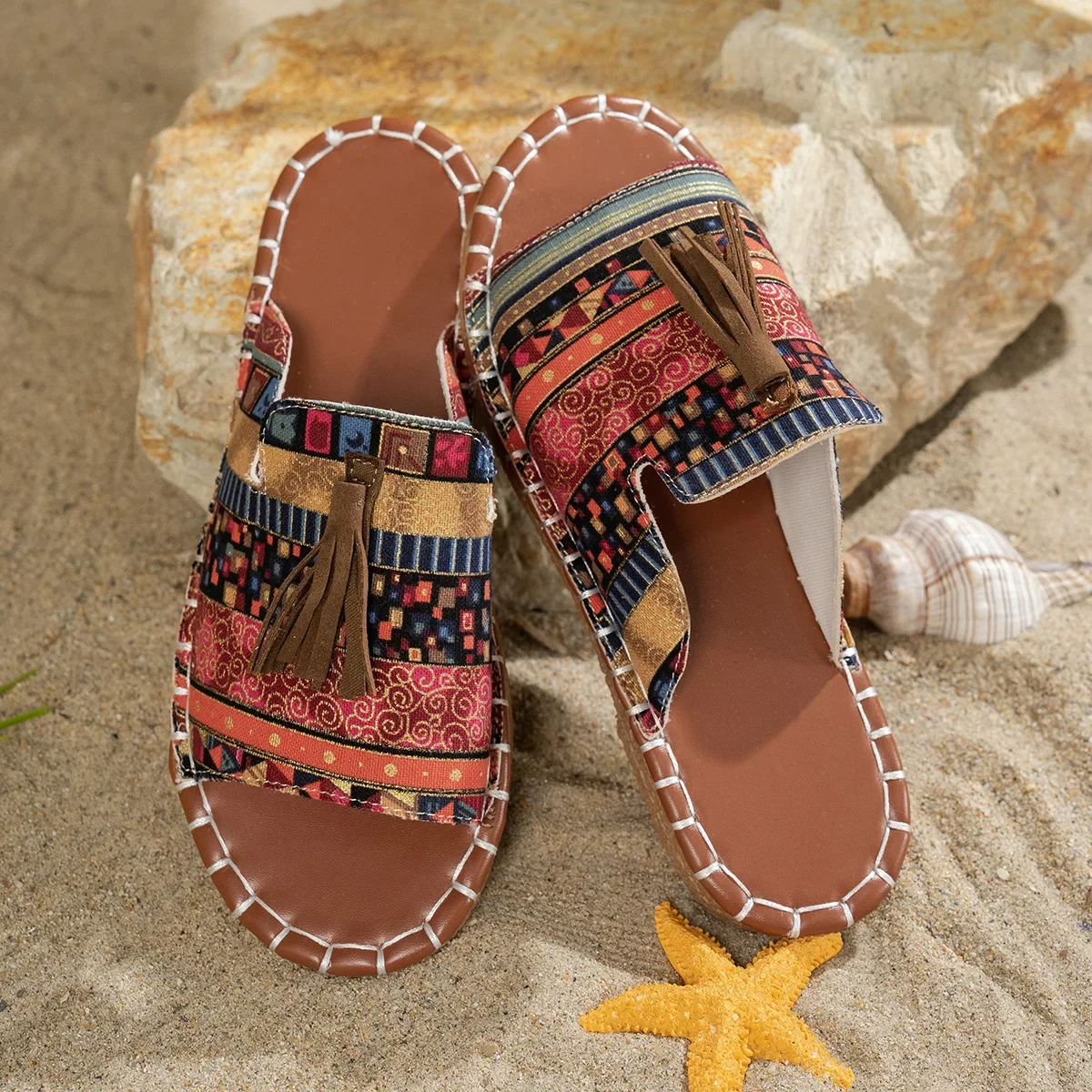 Bohemian Flat Bottom Slippers Women's Outdoor Summer New Tassel Beach Sandals Large Size Cross-Border Slippers for Adults