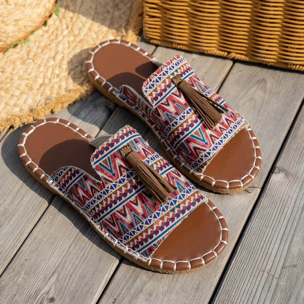 Bohemian Flat Bottom Slippers Women's Outdoor Summer New Tassel Beach Sandals Large Size Cross-Border Slippers for Adults