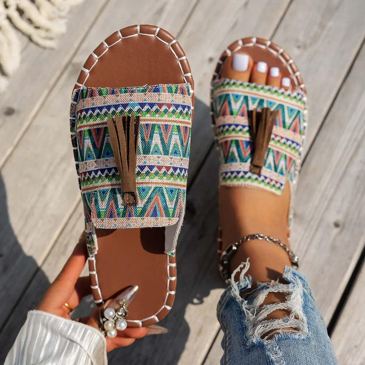 Bohemian Flat Bottom Slippers Women's Outdoor Summer New Tassel Beach Sandals Large Size Cross-Border Slippers for Adults
