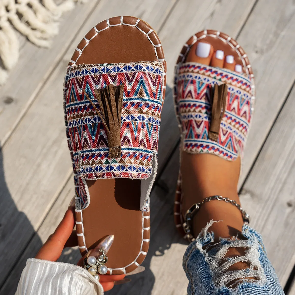 Bohemian Flat Bottom Slippers Women's Outdoor Summer New Tassel Beach Sandals Large Size Cross-Border Slippers for Adults