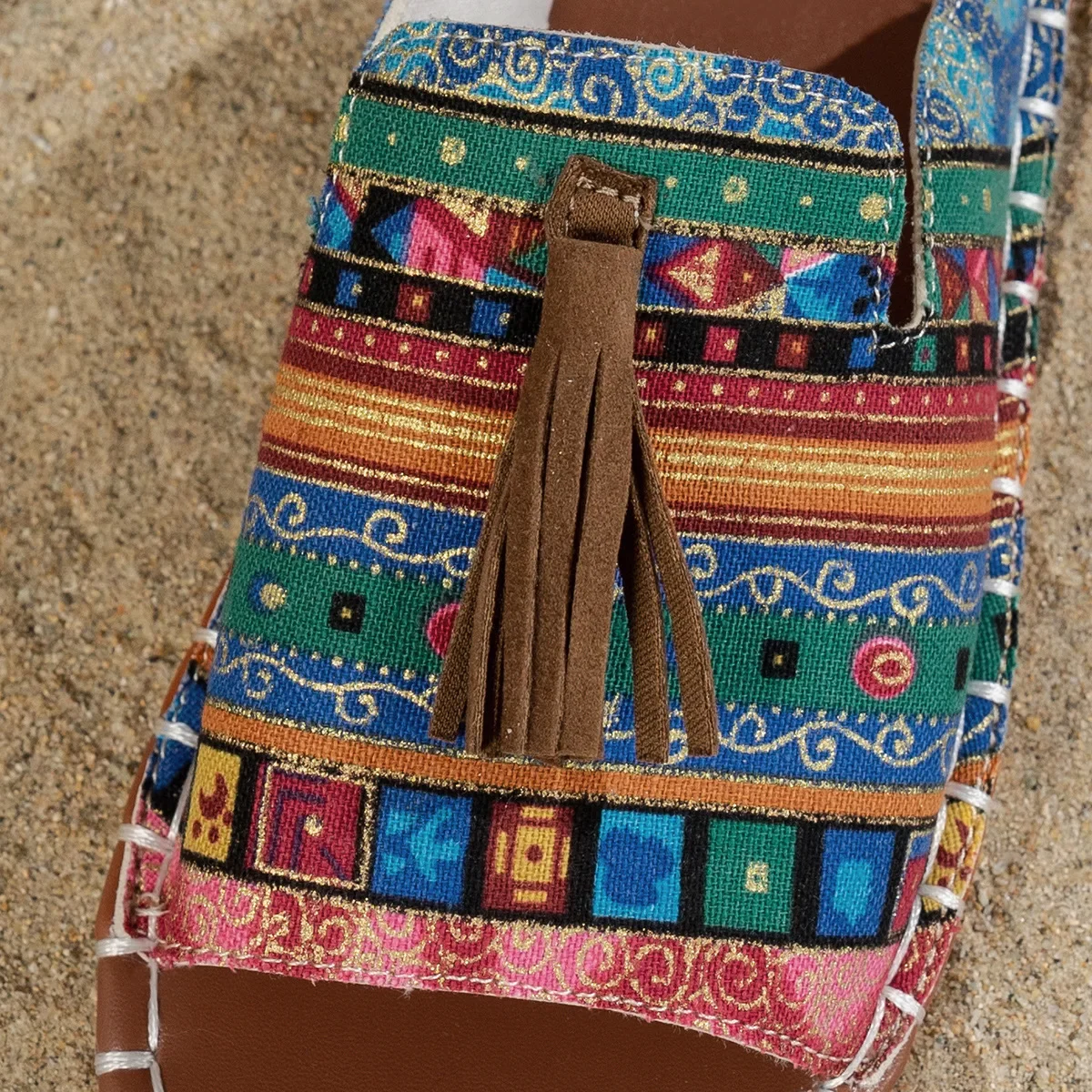 Bohemian Flat Bottom Slippers Women's Outdoor Summer New Tassel Beach Sandals Large Size Cross-Border Slippers for Adults