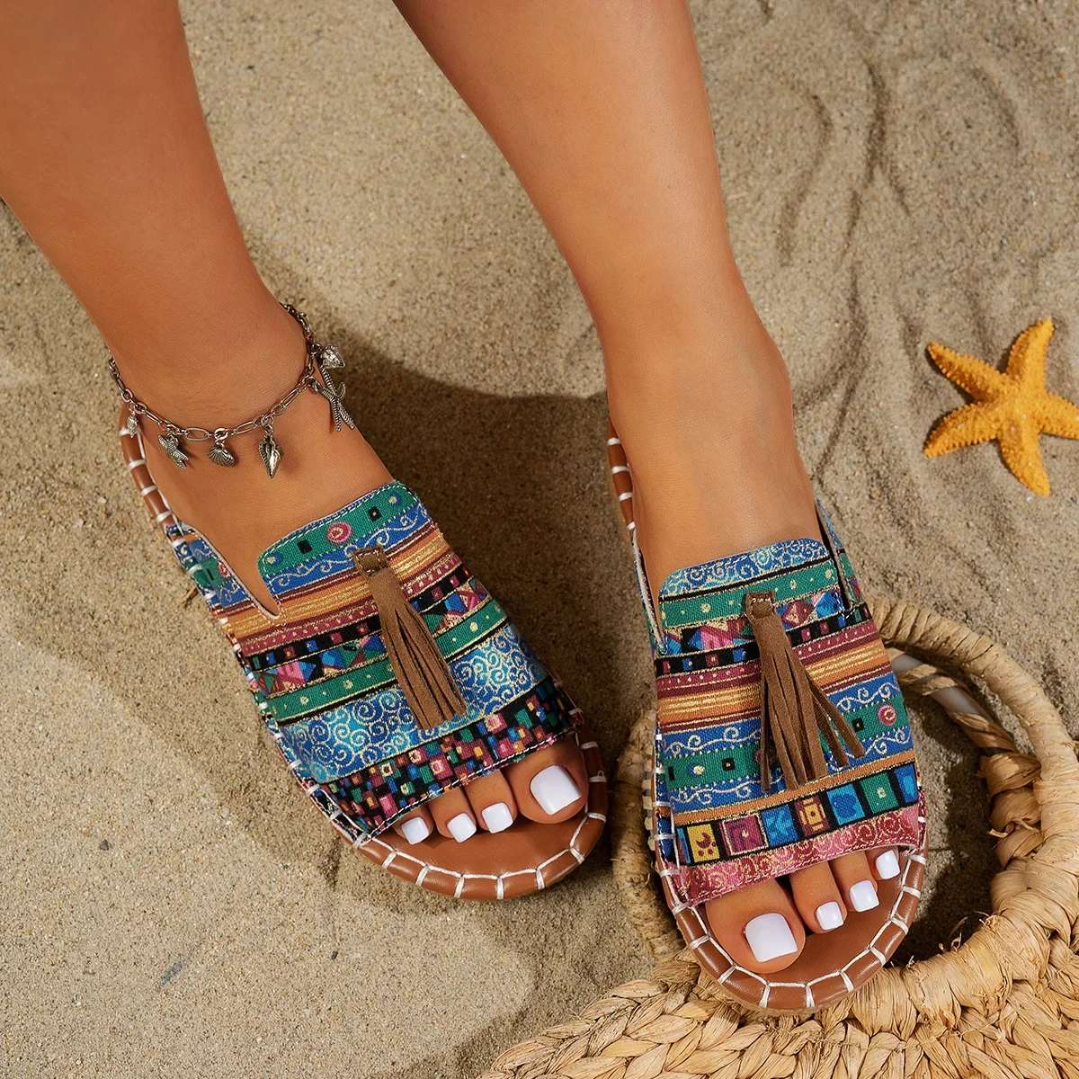 Bohemian Flat Bottom Slippers Women's Outdoor Summer New Tassel Beach Sandals Large Size Cross-Border Slippers for Adults