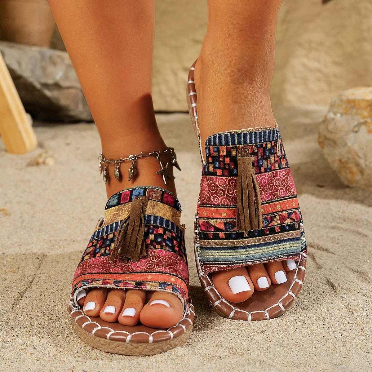 Bohemian Flat Bottom Slippers Women's Outdoor Summer New Tassel Beach Sandals Large Size Cross-Border Slippers for Adults