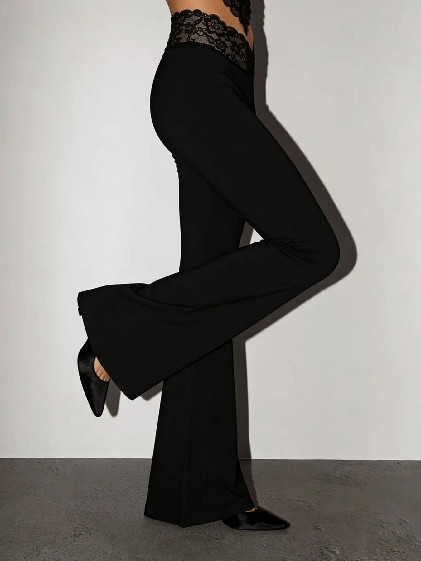Black Super Low Waist Bell Bottom Pants Sexy Slim Fit Tummy Control Drapey Long Casual Pants Lace Splice Slimming Effect