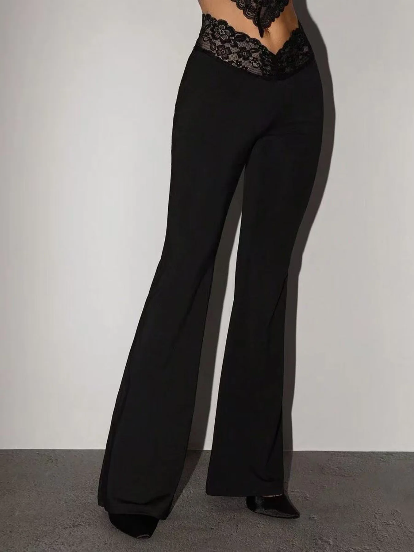 Black Super Low Waist Bell Bottom Pants Sexy Slim Fit Tummy Control Drapey Long Casual Pants Lace Splice Slimming Effect
