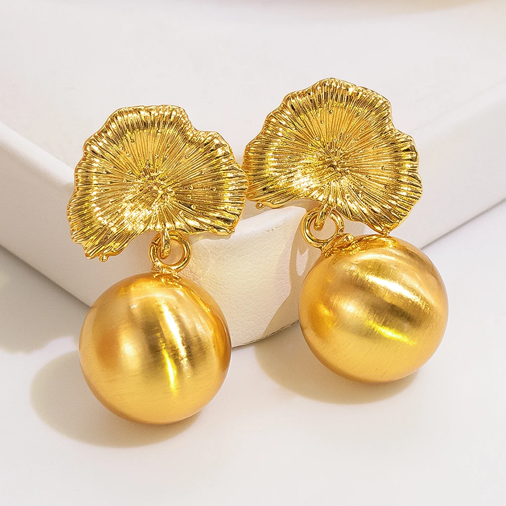 YTJX Gold Color Round Ball Drop Earrings Hight Quality 18K Gold Plated Piercing Earring For Women Elegant Party Jewelry Gifts