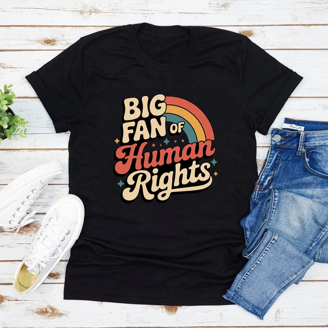 Big Fan of Human Rights T Shirt Retro Rainbow Tshirt Unisex Short Sleeve T Shirts Radicalized By Basic Decency Tee Streetwear