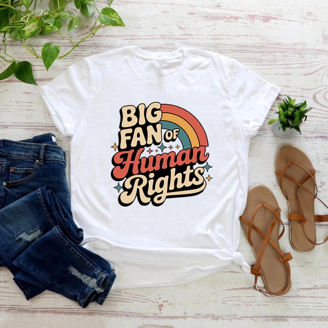 Big Fan of Human Rights T Shirt Retro Rainbow Tshirt Unisex Short Sleeve T Shirts Radicalized By Basic Decency Tee Streetwear