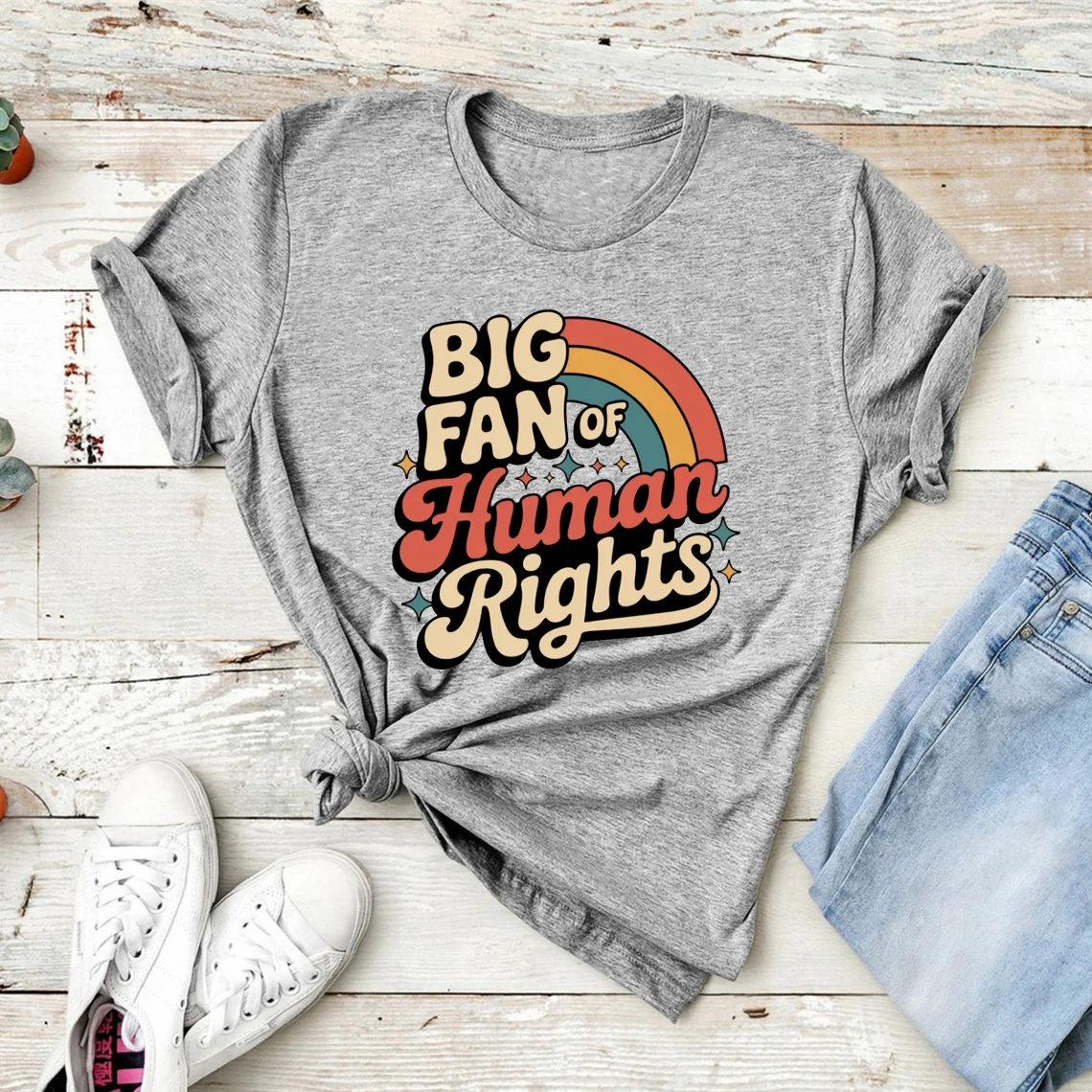 Big Fan of Human Rights T Shirt Retro Rainbow Tshirt Unisex Short Sleeve T Shirts Radicalized By Basic Decency Tee Streetwear