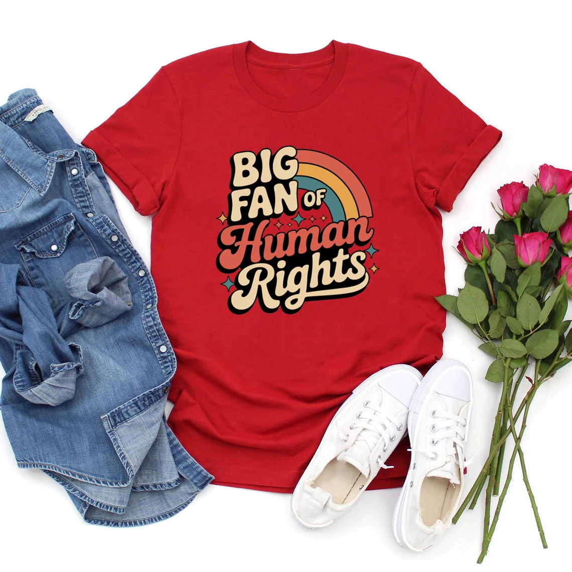 Big Fan of Human Rights T Shirt Retro Rainbow Tshirt Unisex Short Sleeve T Shirts Radicalized By Basic Decency Tee Streetwear