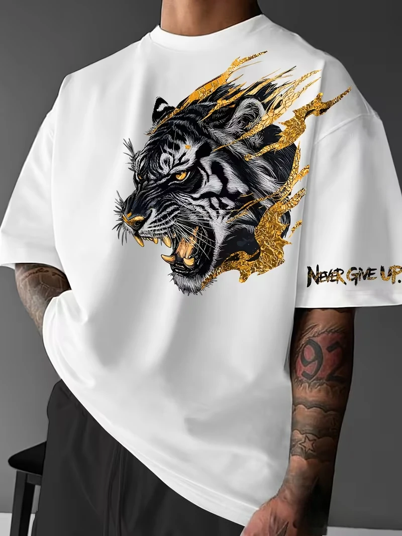 Men's Funny NEVER GIVE UP Tiger Letter T Shirt Cotton Tee Women Oversized Loose Fitness Spring Summer Casual Top Short Sleeve