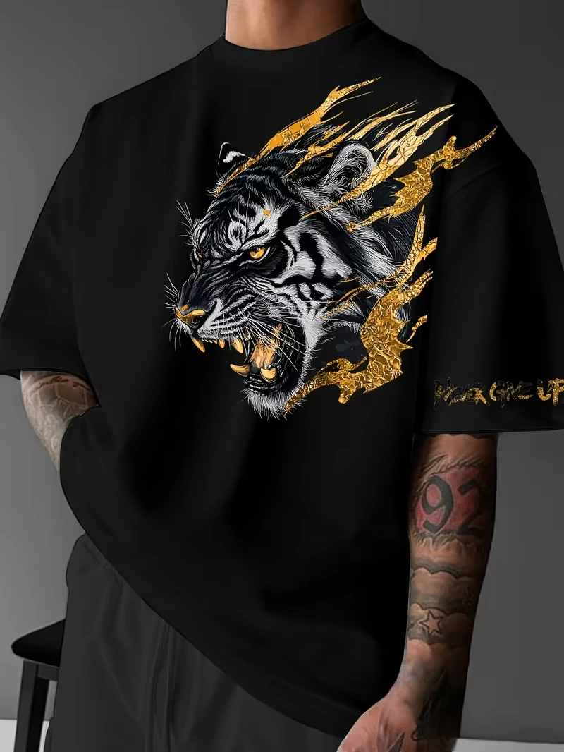 Men's Funny NEVER GIVE UP Tiger Letter T Shirt Cotton Tee Women Oversized Loose Fitness Spring Summer Casual Top Short Sleeve