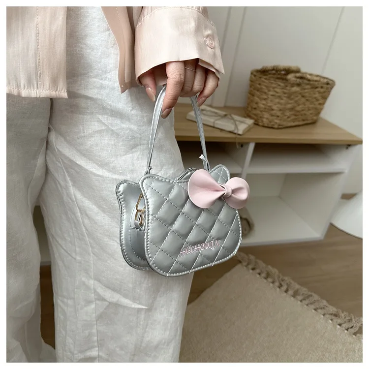 Lovely Cat Pattern Women Handbag Fashion Rhombus Grid Shoulder Bag Sweet Bowknot Crossbody Bag