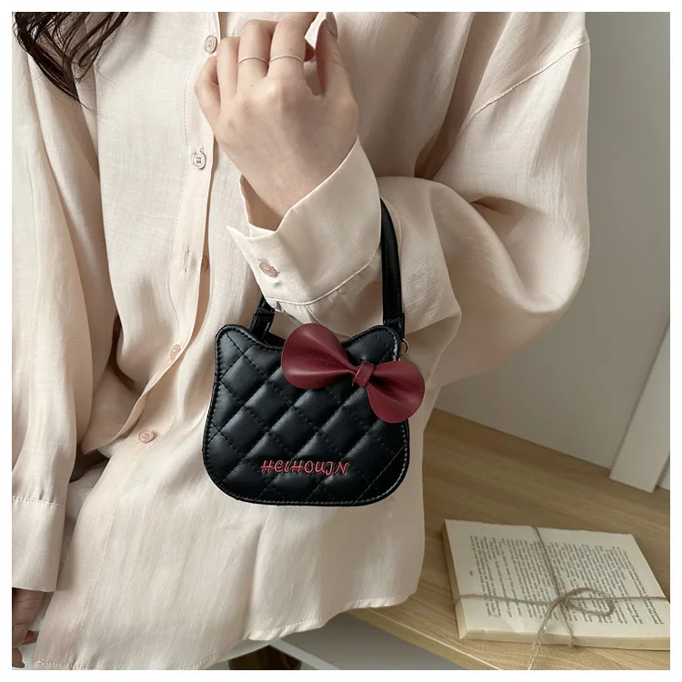 Lovely Cat Pattern Women Handbag Fashion Rhombus Grid Shoulder Bag Sweet Bowknot Crossbody Bag