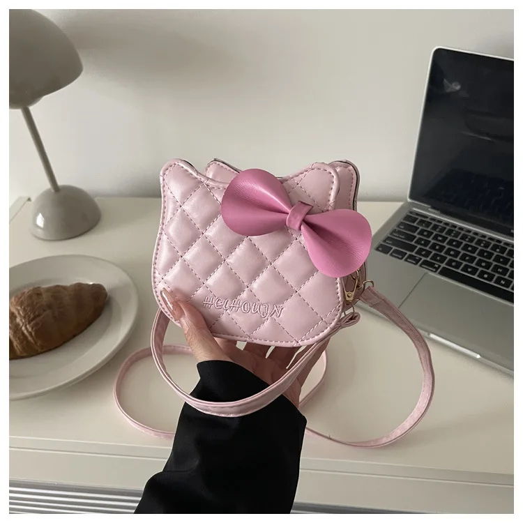 Lovely Cat Pattern Women Handbag Fashion Rhombus Grid Shoulder Bag Sweet Bowknot Crossbody Bag