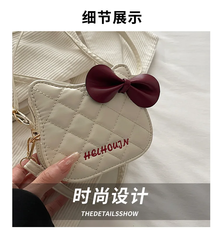 Lovely Cat Pattern Women Handbag Fashion Rhombus Grid Shoulder Bag Sweet Bowknot Crossbody Bag