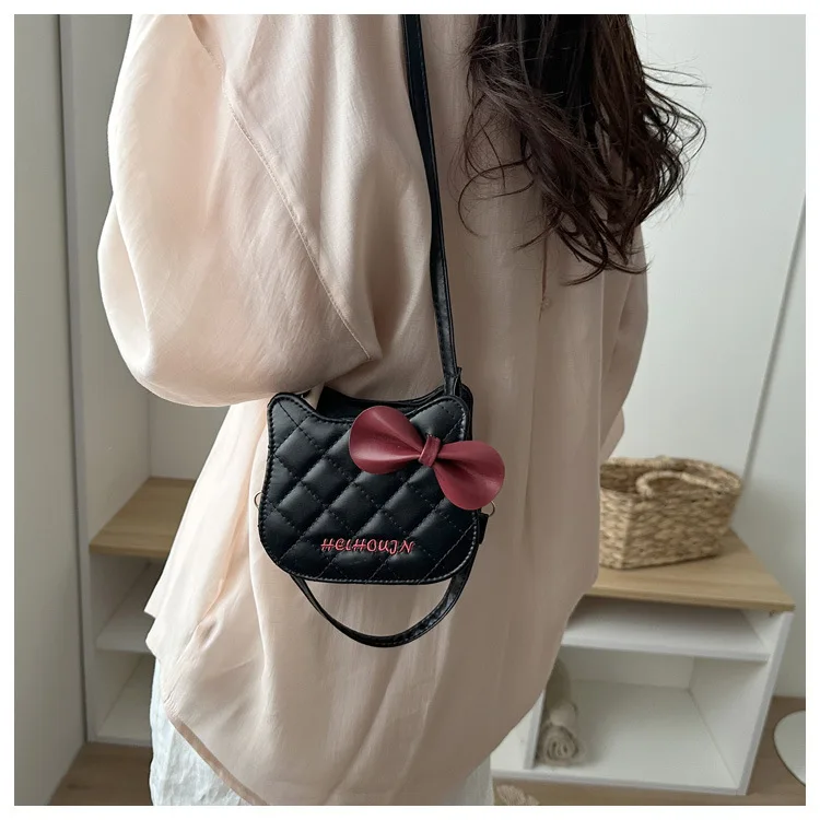 Lovely Cat Pattern Women Handbag Fashion Rhombus Grid Shoulder Bag Sweet Bowknot Crossbody Bag
