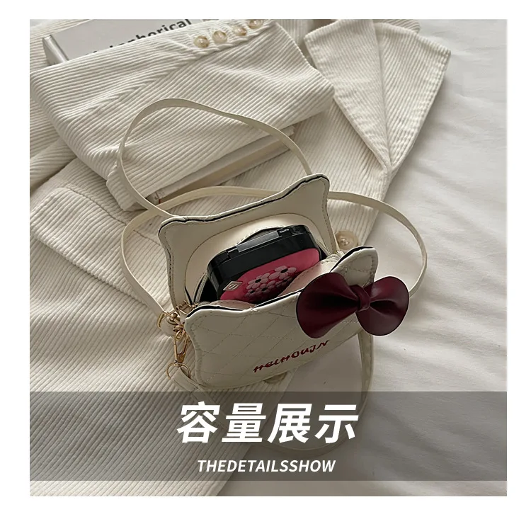Lovely Cat Pattern Women Handbag Fashion Rhombus Grid Shoulder Bag Sweet Bowknot Crossbody Bag