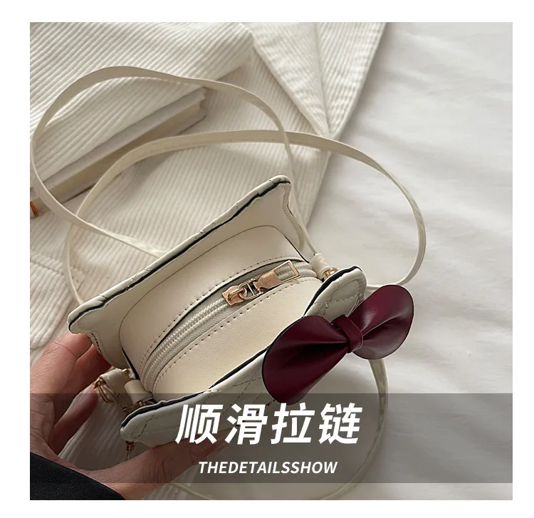 Lovely Cat Pattern Women Handbag Fashion Rhombus Grid Shoulder Bag Sweet Bowknot Crossbody Bag