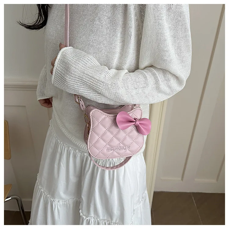 Lovely Cat Pattern Women Handbag Fashion Rhombus Grid Shoulder Bag Sweet Bowknot Crossbody Bag
