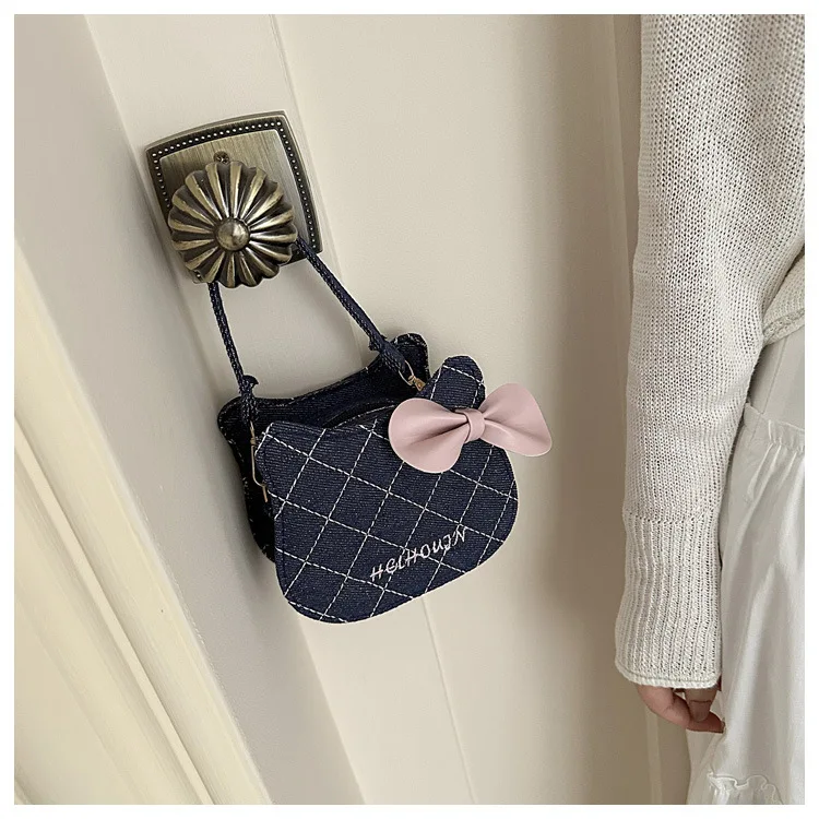 Lovely Cat Pattern Women Handbag Fashion Rhombus Grid Shoulder Bag Sweet Bowknot Crossbody Bag
