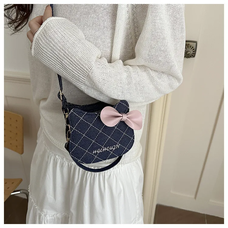 Lovely Cat Pattern Women Handbag Fashion Rhombus Grid Shoulder Bag Sweet Bowknot Crossbody Bag