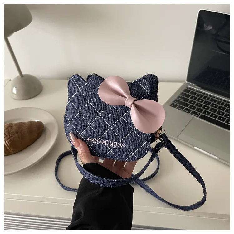 Lovely Cat Pattern Women Handbag Fashion Rhombus Grid Shoulder Bag Sweet Bowknot Crossbody Bag