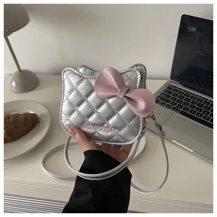 Lovely Cat Pattern Women Handbag Fashion Rhombus Grid Shoulder Bag Sweet Bowknot Crossbody Bag