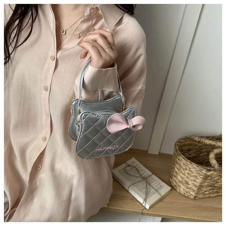 Lovely Cat Pattern Women Handbag Fashion Rhombus Grid Shoulder Bag Sweet Bowknot Crossbody Bag