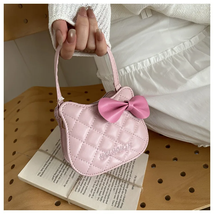 Lovely Cat Pattern Women Handbag Fashion Rhombus Grid Shoulder Bag Sweet Bowknot Crossbody Bag