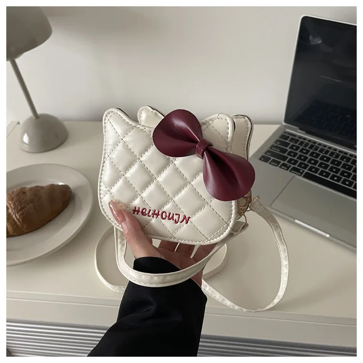 Lovely Cat Pattern Women Handbag Fashion Rhombus Grid Shoulder Bag Sweet Bowknot Crossbody Bag