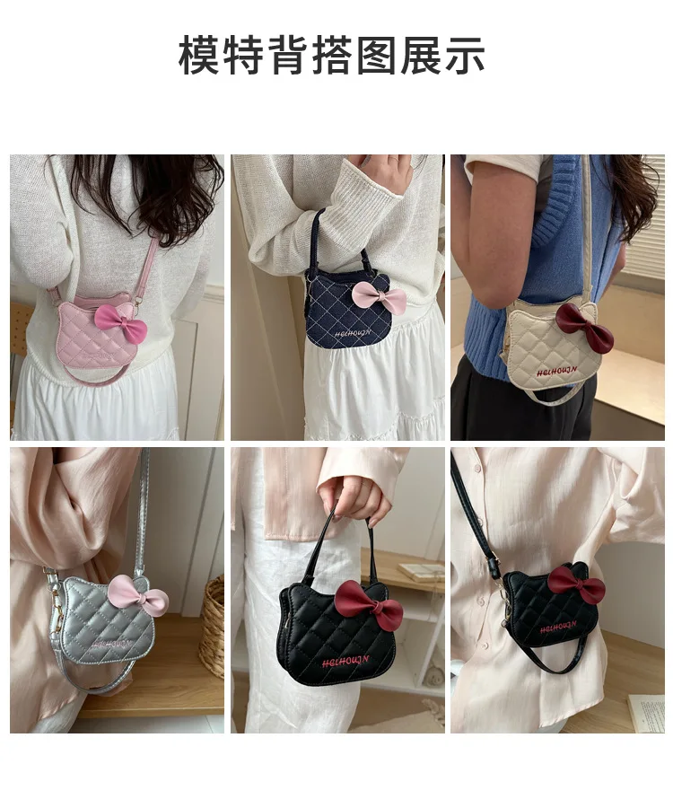 Lovely Cat Pattern Women Handbag Fashion Rhombus Grid Shoulder Bag Sweet Bowknot Crossbody Bag